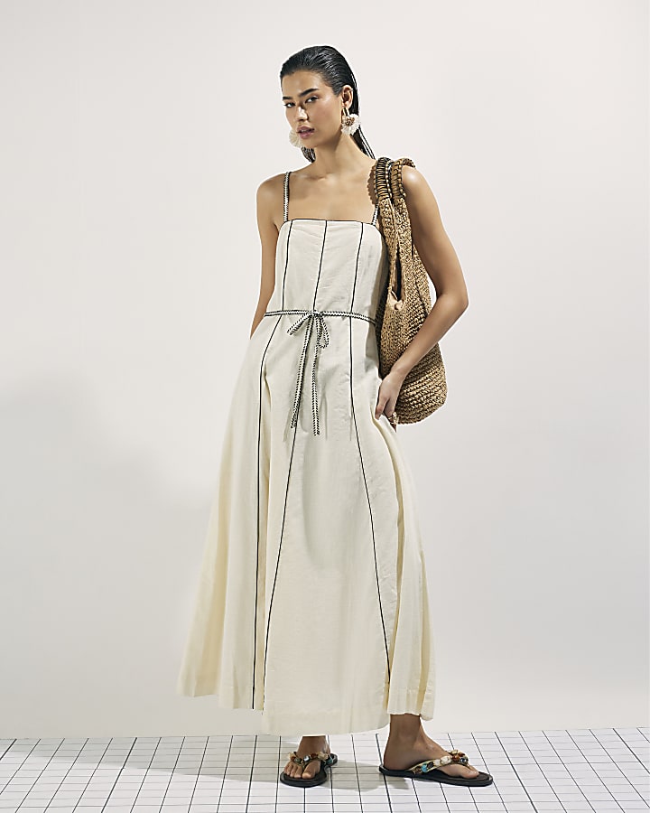 Cream Piped Belted Midi Dress
