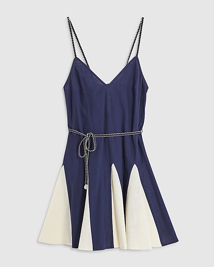 Navy Godet Tie Back Mini Dress