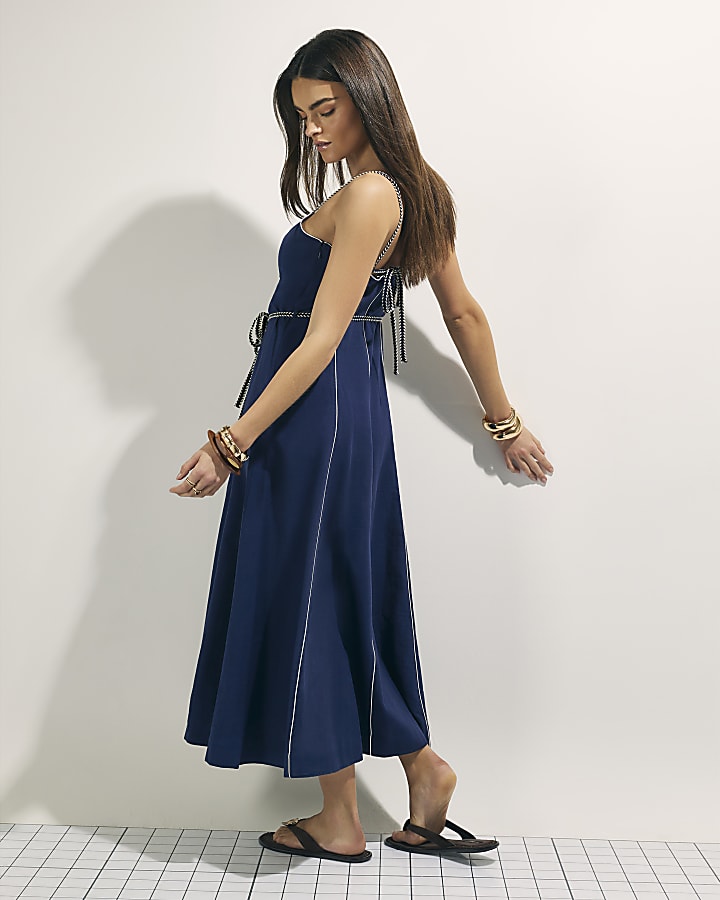 Navy Piped Rope Belt Midi Dress