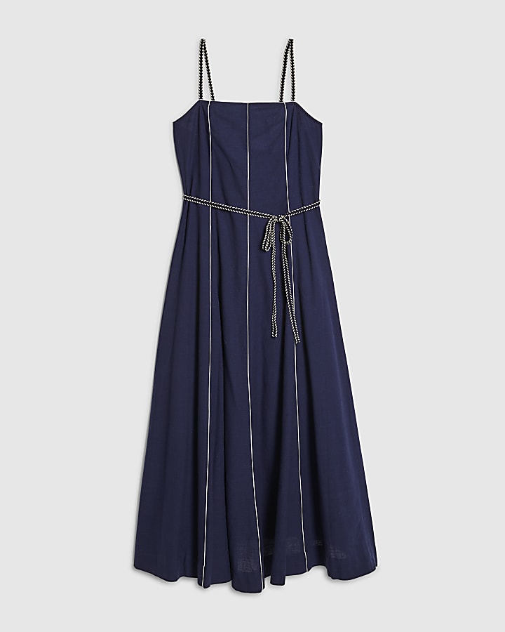 Navy Piped Rope Belt Midi Dress
