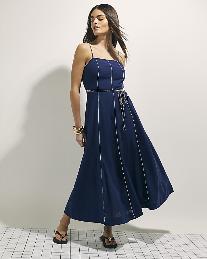 Navy Piped Rope Belt Midi Dress