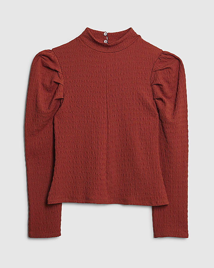 Petite Red Long Sleeve Ruched Shoulder Top