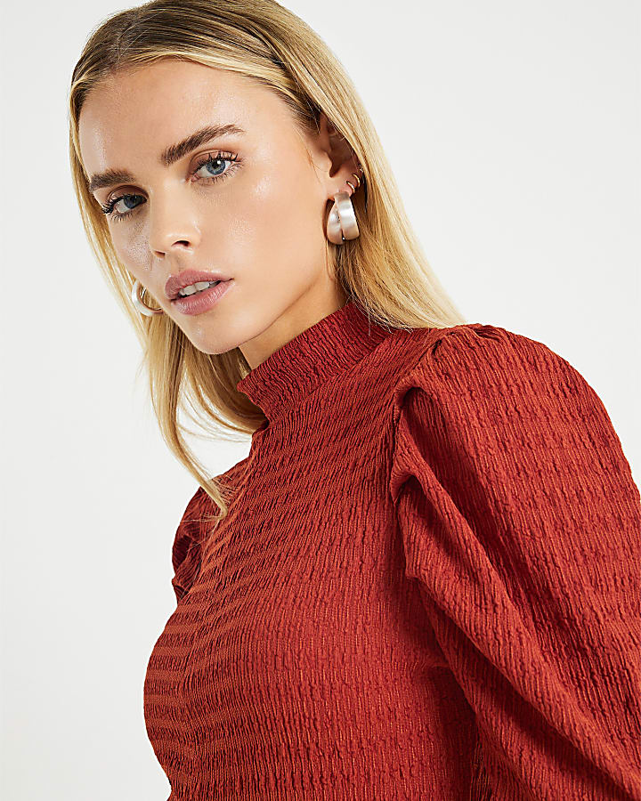 Petite Red Long Sleeve Ruched Shoulder Top