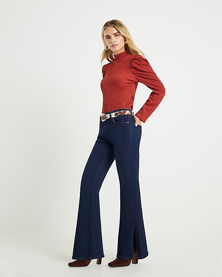 Petite Red Long Sleeve Ruched Shoulder Top