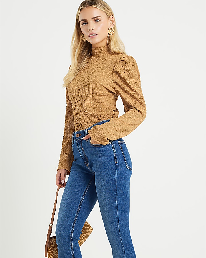 Petite Beige Long Sleeve Ruched Shoulder Top