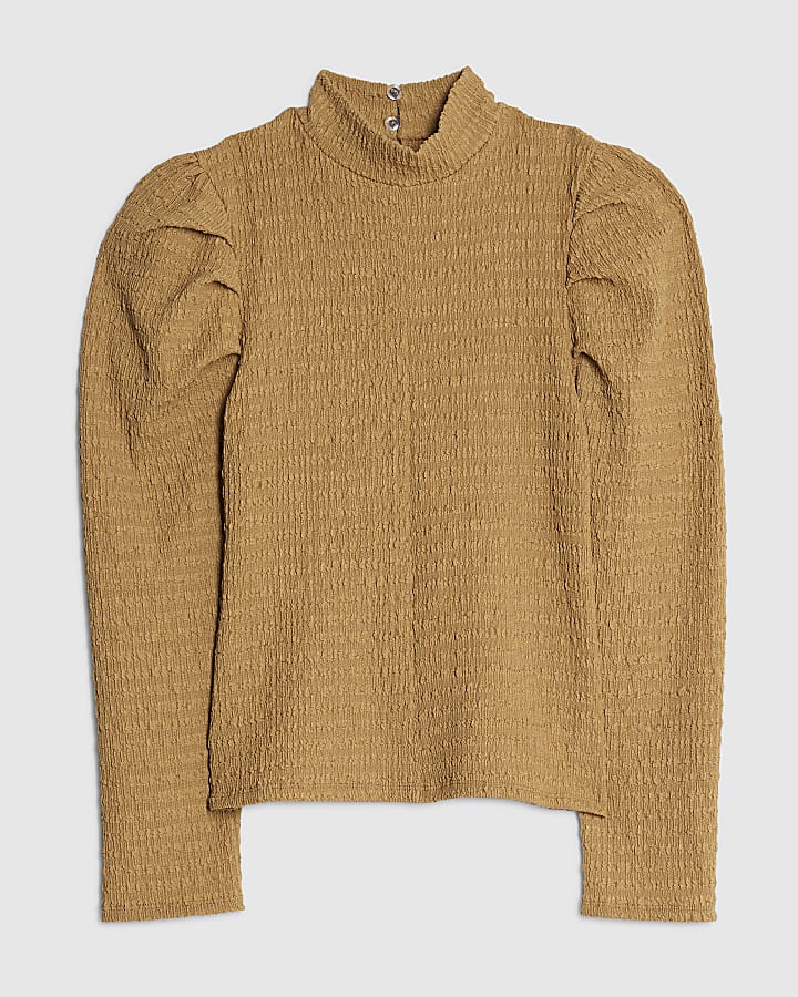 Petite Beige Long Sleeve Ruched Shoulder Top