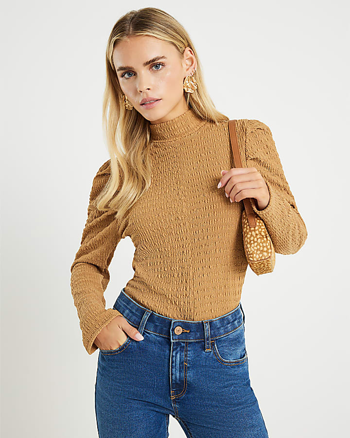 Petite Beige Long Sleeve Ruched Shoulder Top