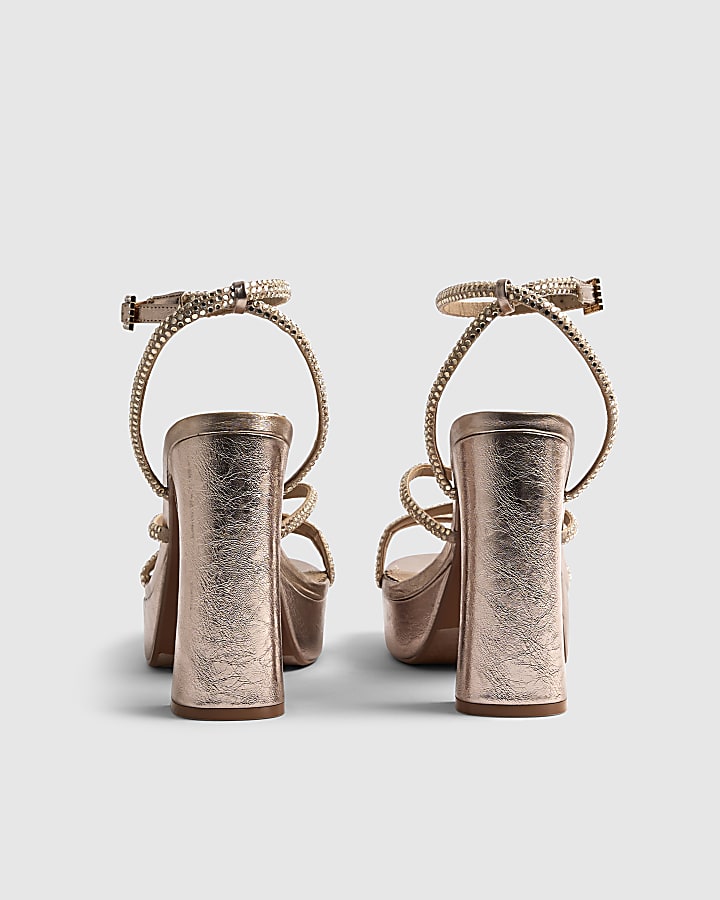 Rose Gold Diamante Platform Heeled Sandals