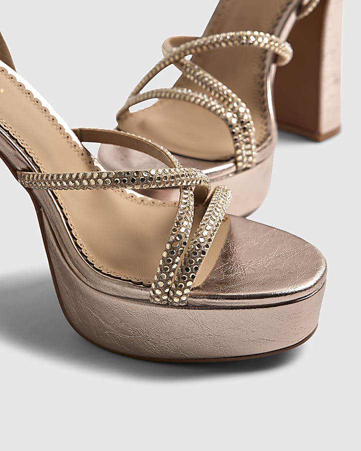 Rose Gold Diamante Platform Heeled Sandals