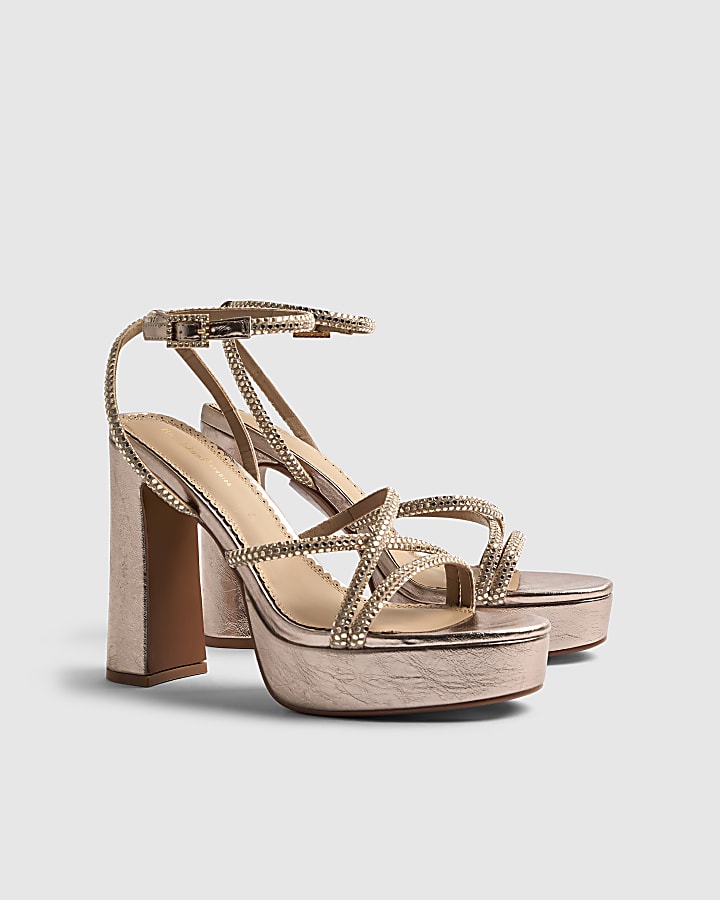 Rose Gold Diamante Platform Heeled Sandals