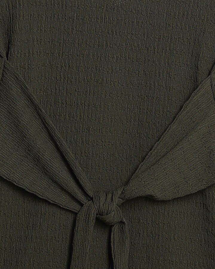 Petite Khaki Long Sleeve Tie Waist Top