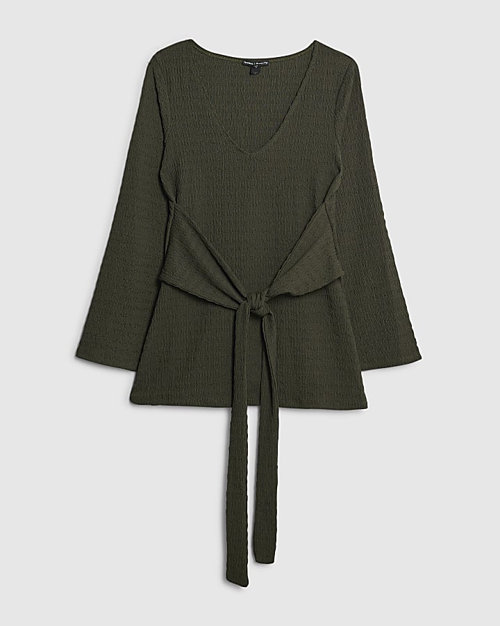 Petite Khaki Long Sleeve Tie Waist Top