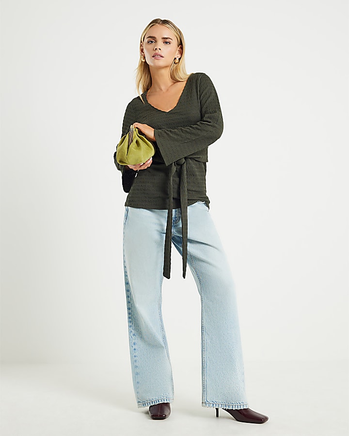 Petite Khaki Long Sleeve Tie Waist Top