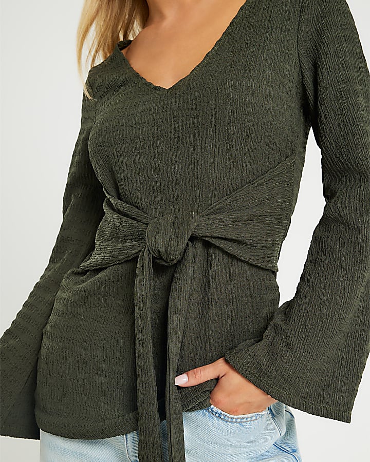 Petite Khaki Long Sleeve Tie Waist Top
