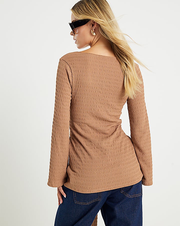 Petite Beige Long Sleeve Tie Waist Top