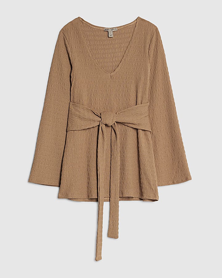 Petite Beige Long Sleeve Tie Waist Top