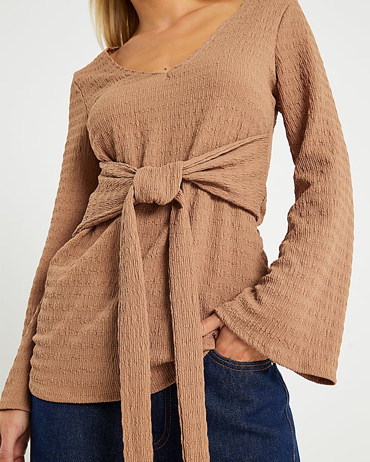 Petite Beige Long Sleeve Tie Waist Top