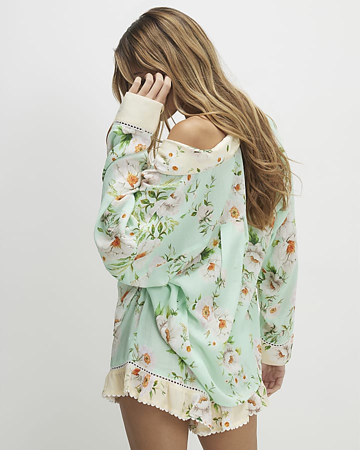 Green Floral Shirt and Shorts Pyjama Set