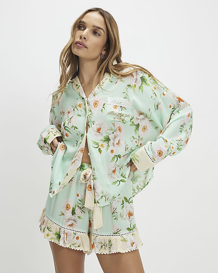Green Floral Shirt and Shorts Pyjama Set