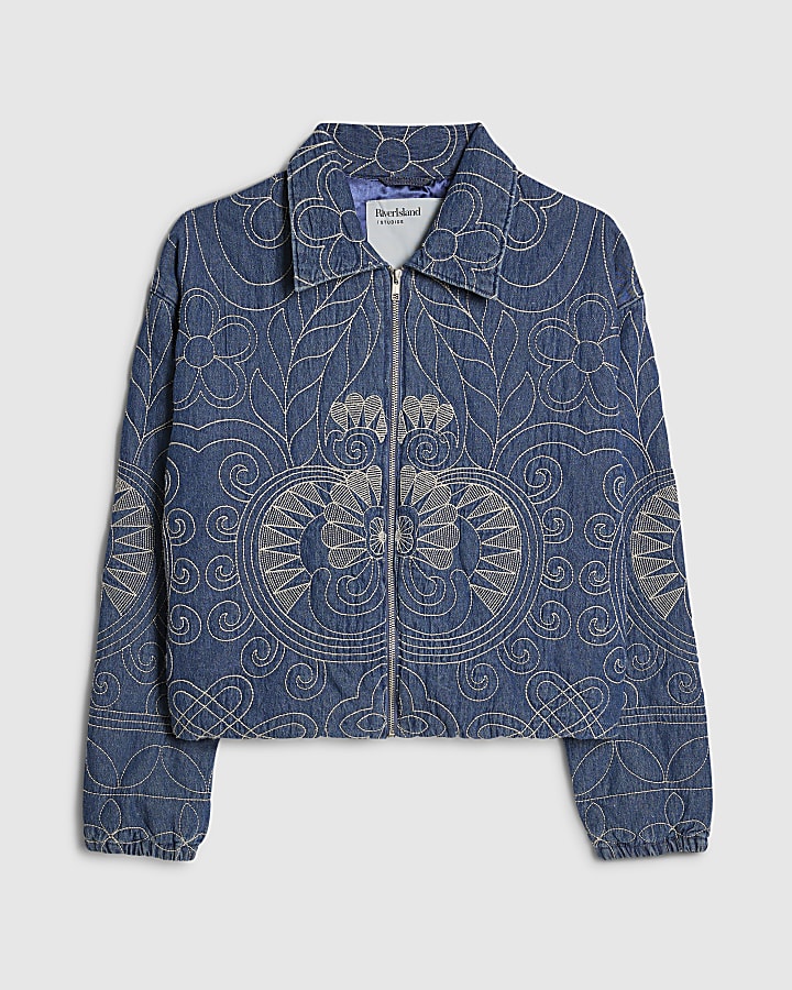 Blue Denim Embroidered Quilted Bomber Jacket