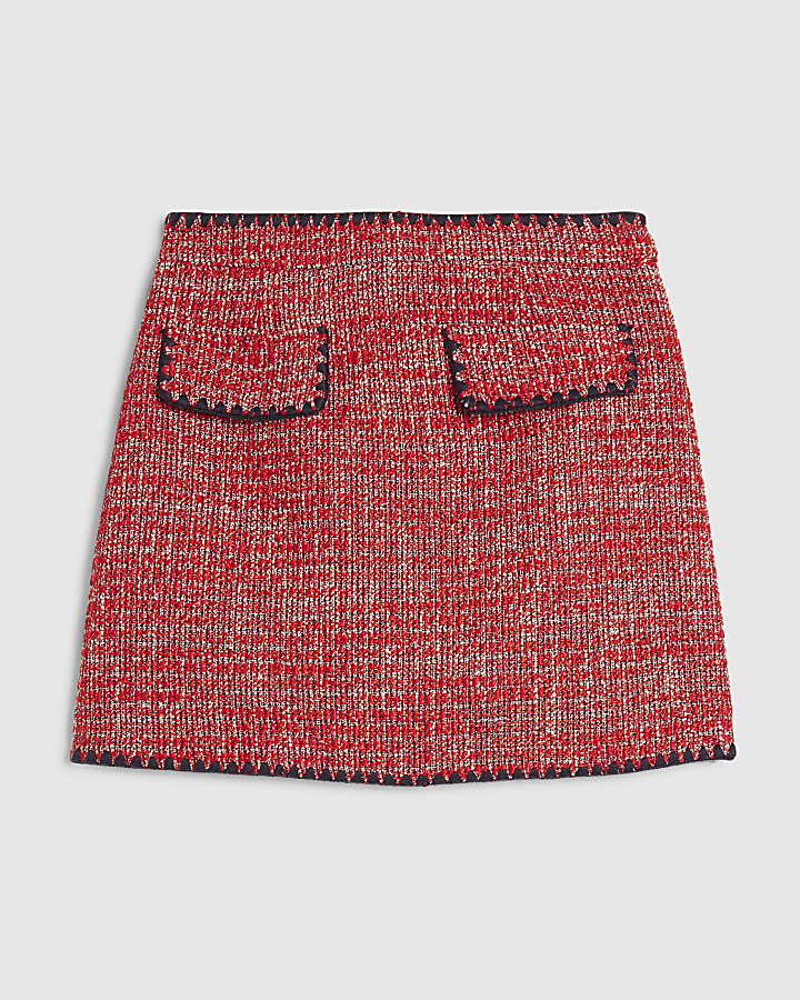 Red Whipstitch Boucle Mini Skirt
