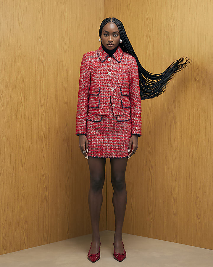 Red Whipstitch Boucle Mini Skirt