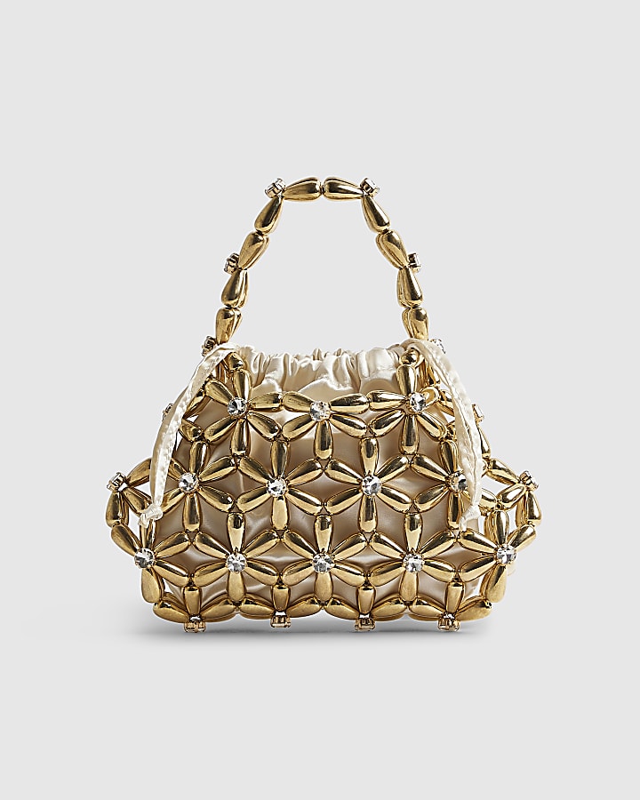 Gold Flower Beaded Clutch Bag