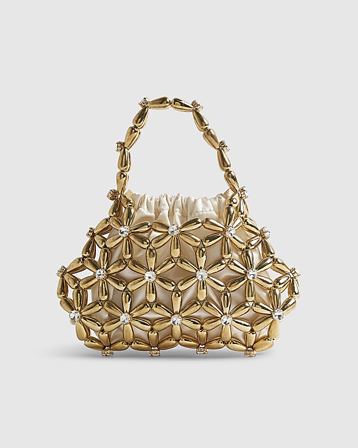 Gold Flower Beaded Clutch Bag