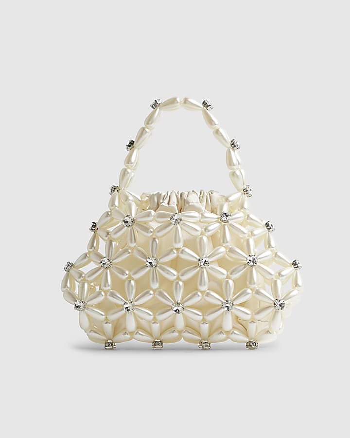Cream Flower Pearl Beaded Grab Bag