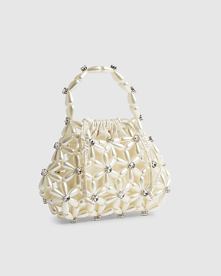 Cream Flower Pearl Beaded Grab Bag