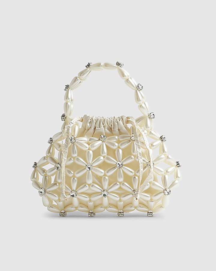 Cream Flower Pearl Beaded Grab Bag