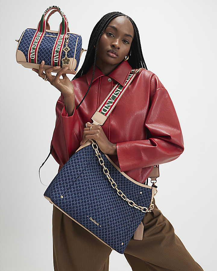 Blue Denim Monogram Webbing Detail Bowler Bag