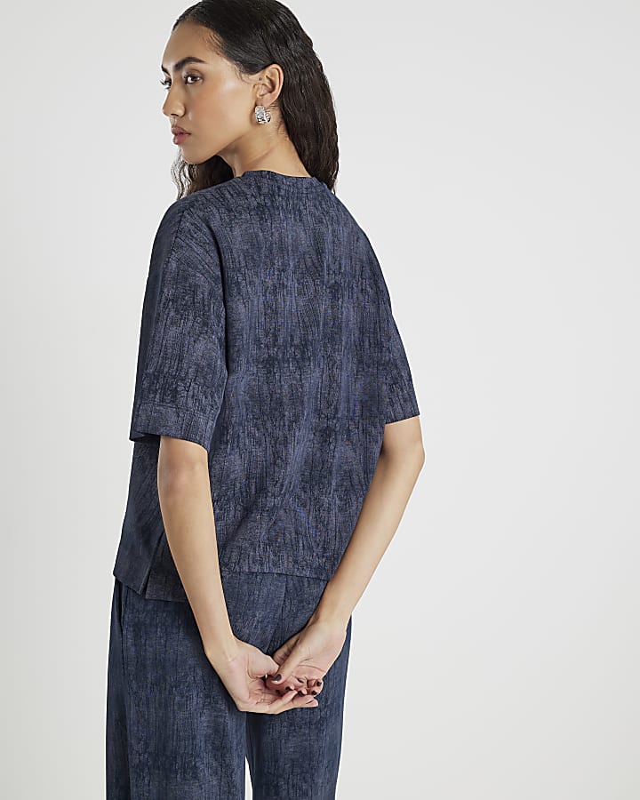 Navy Premium Crinkle Effect Boxy T-shirt