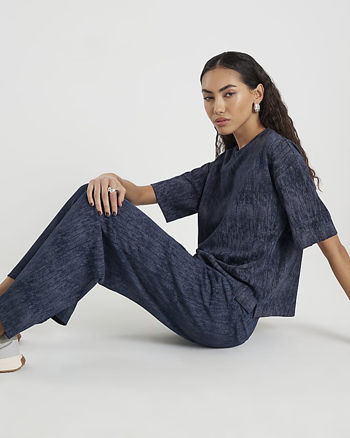 Navy Premium Crinkle Effect Boxy T-shirt