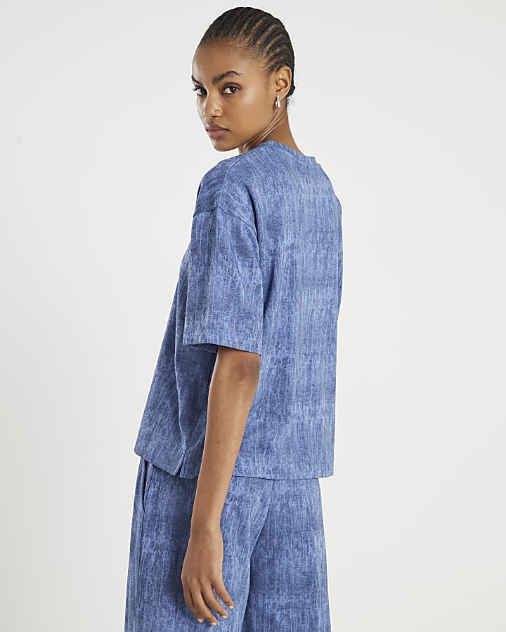 Blue Premium Crinkle Effect Boxy Fit T-shirt