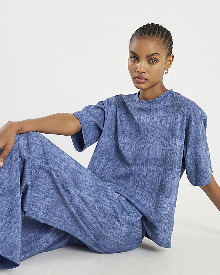 Blue Premium Crinkle Effect Boxy Fit T-shirt