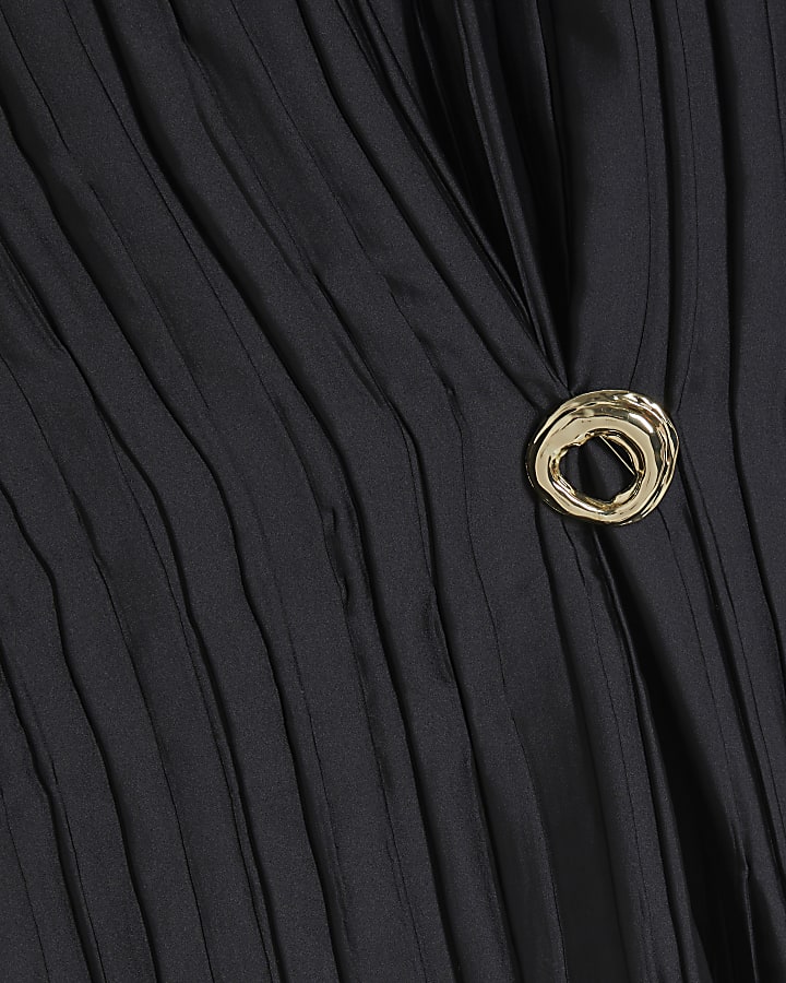 Black Satin Plisse Gold Detail Top