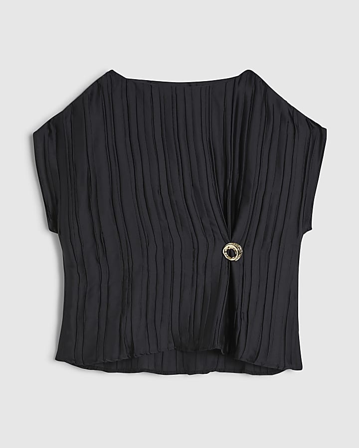 Black Satin Plisse Gold Detail Top