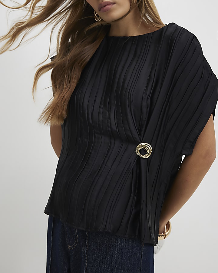 Black Satin Plisse Gold Detail Top