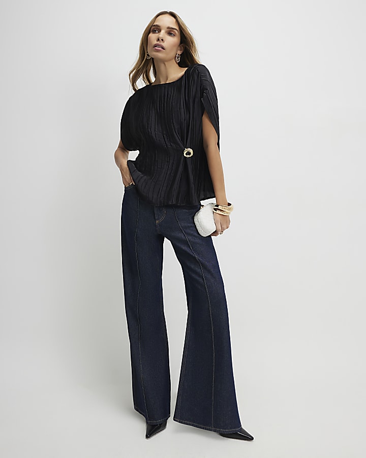 Black Satin Plisse Gold Detail Top