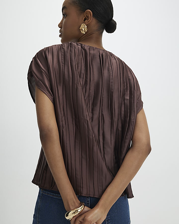 Brown Satin Plisse Gold Detail Top