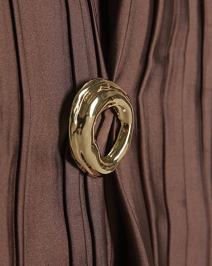 Brown Satin Plisse Gold Detail Top