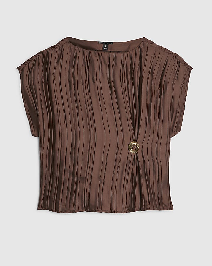 Brown Satin Plisse Gold Detail Top