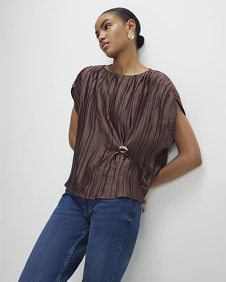 Brown Satin Plisse Gold Detail Top