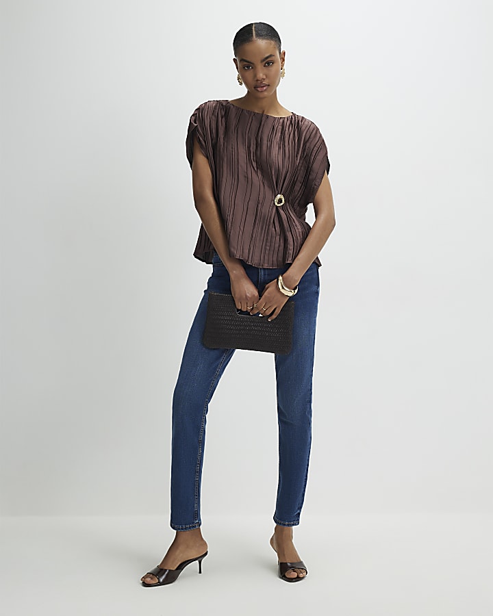 Brown Satin Plisse Gold Detail Top