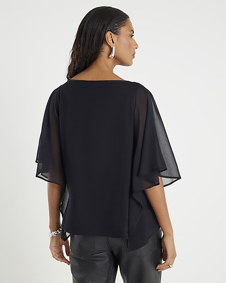 Black Batwing Crinkle Front Top