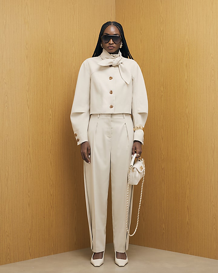 Cream Herringbone Tapered Trousers