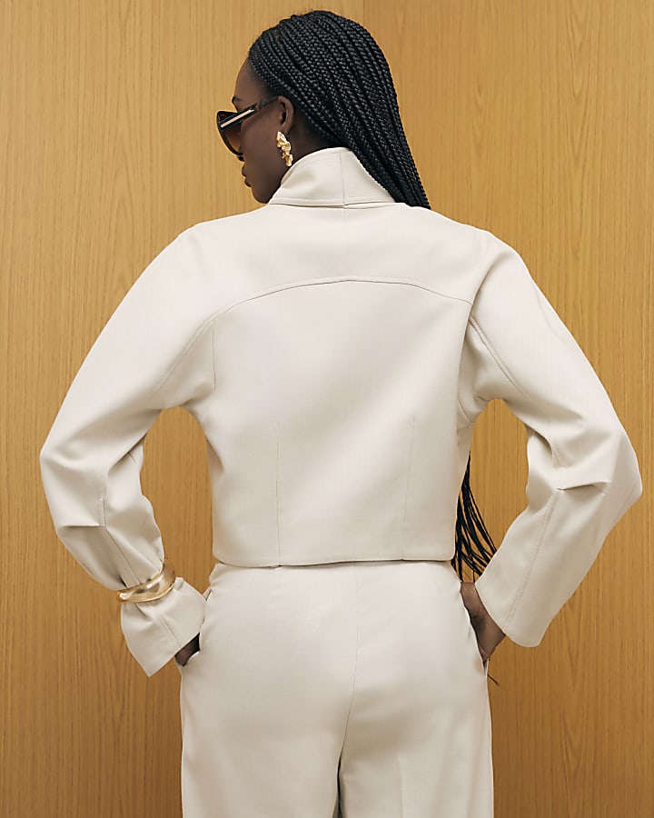 Cream Long Sleeve Herringbone Tie Neck Jacket