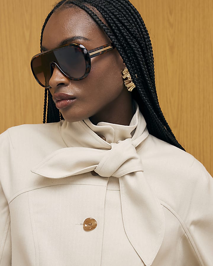 Cream Long Sleeve Herringbone Tie Neck Jacket