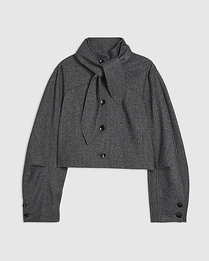 Grey Long Sleeve Tie Neck Jacket